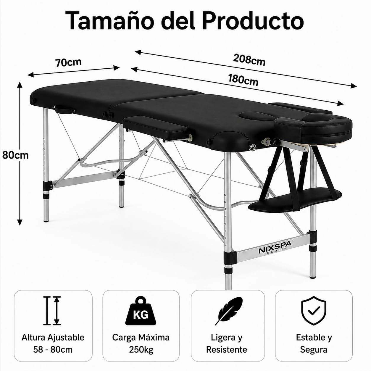 Lettino da massaggio pieghevole a 2 zone con altezza regolabile, poggiatesta e design portatile 70 cm