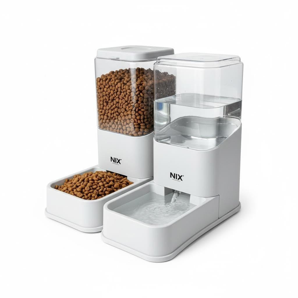 Distributeur automatique de nourriture pour chats et chiens avec distributeur d'eau, double gamelle et alimentation continue couleur grise