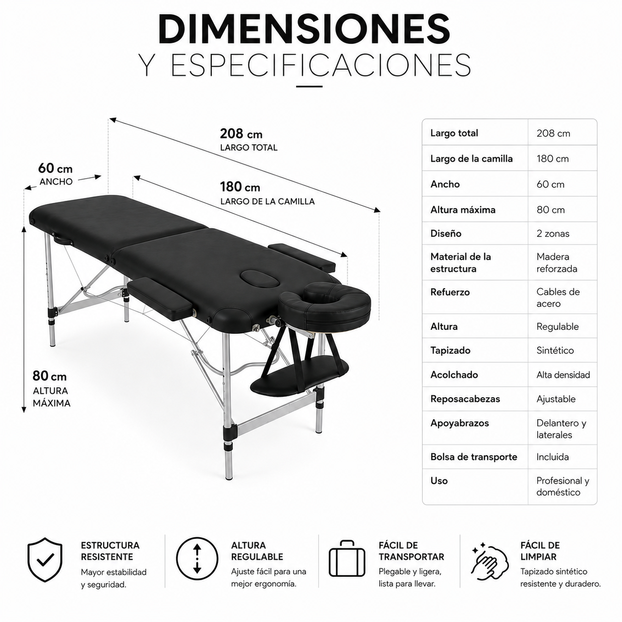 Camilla De Masaje Plegable 60 cm Altura Regulable Reposacabezas Nix Spa