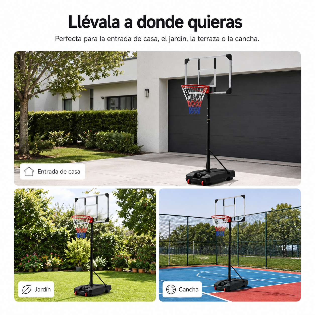 Canasta Baloncesto Portátil Regulable 1,6-2,1m Base con Ruedas