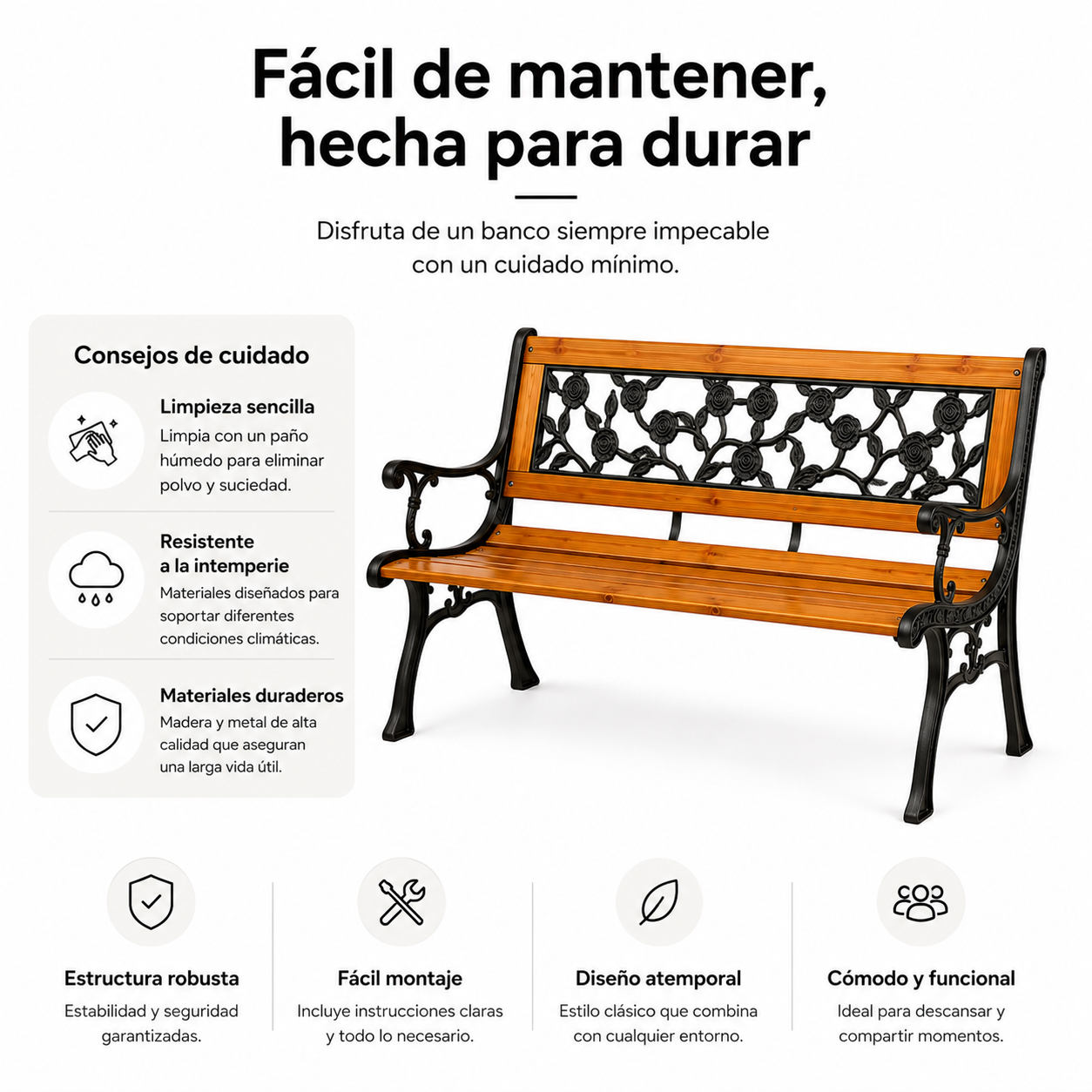 Banco de Jardim de Madeira e Metal com Encosto Floral Decorativo