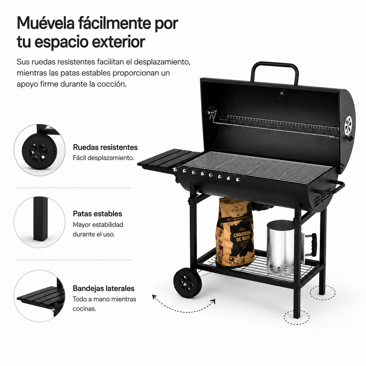 Houtskoolbarbecue met deksel en verstelbare ventilatie voor de tuin, met wielen