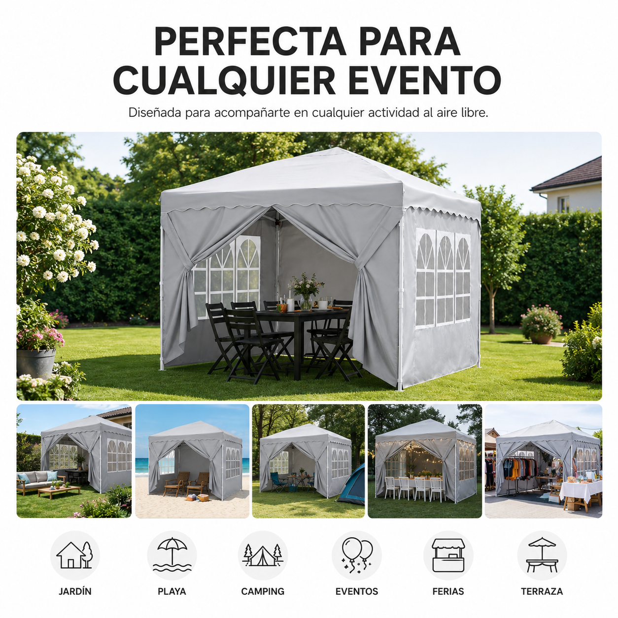 Tente pliable 3x3 M avec 4 parois latérales et structure renforcée