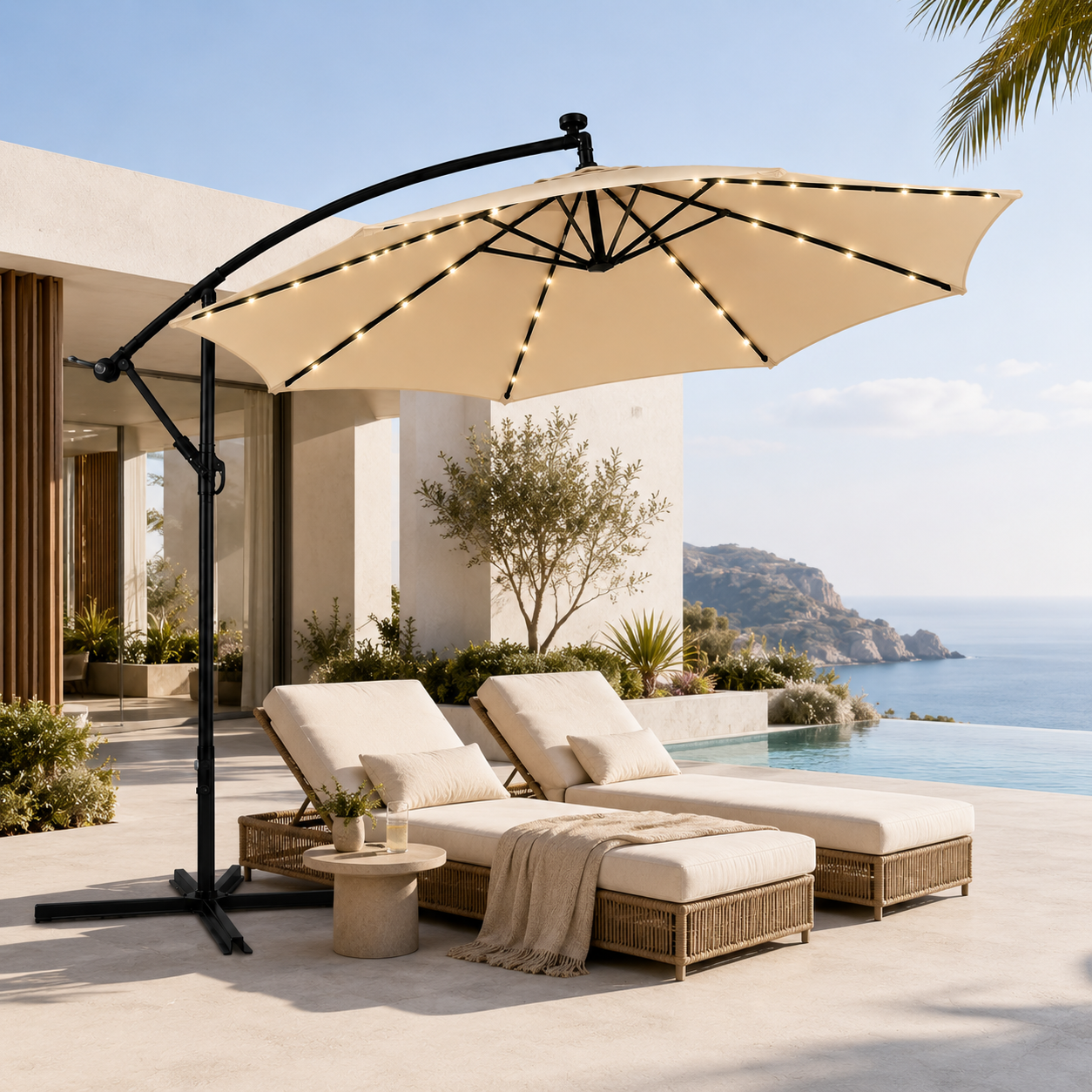 3 Meter seitlicher Sonnenschirm in Beige mit LED-Beleuchtung und 360° Neigung