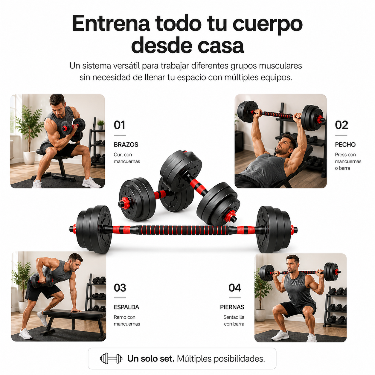Halteres Ajustáveis com Barra Extensível 20 Kg Kit Multifunções