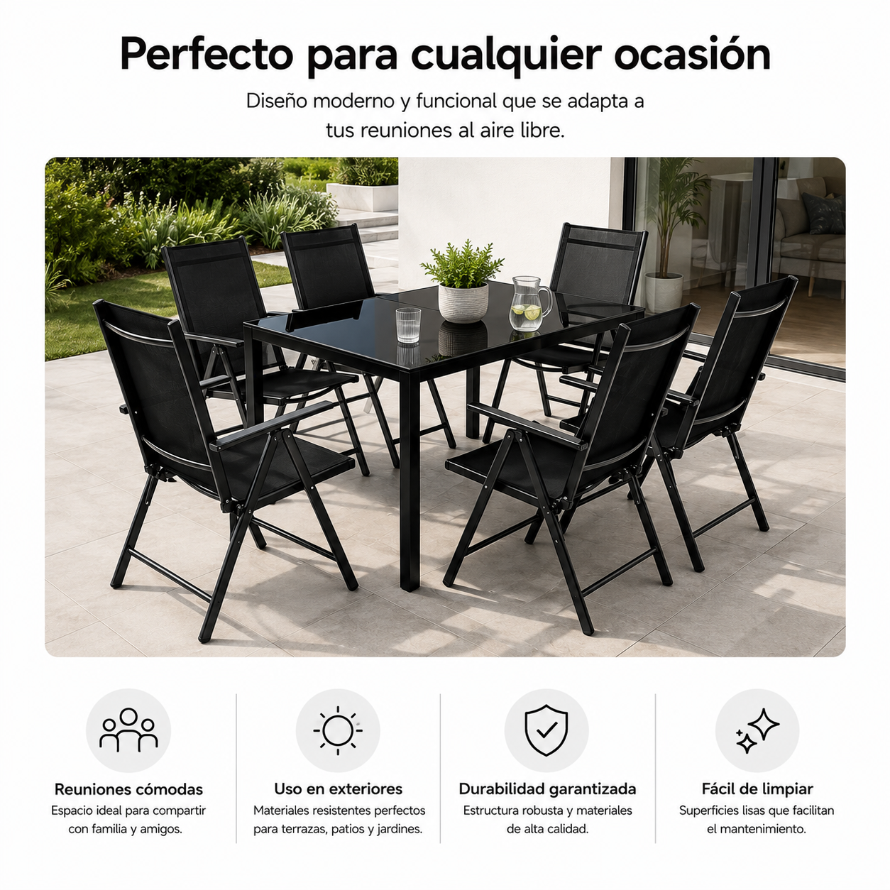 Set da Giardino con Sedie Reclinabili 7 Pezzi Tavolo in Vetro