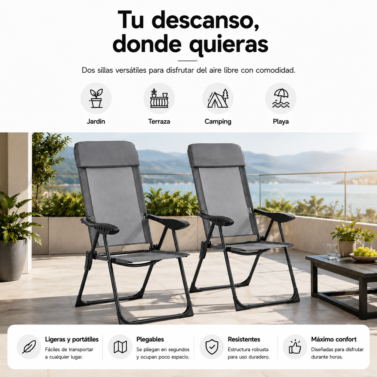 Set di 2 sedie pieghevoli reclinabili 7 posizioni schienale alto esterno