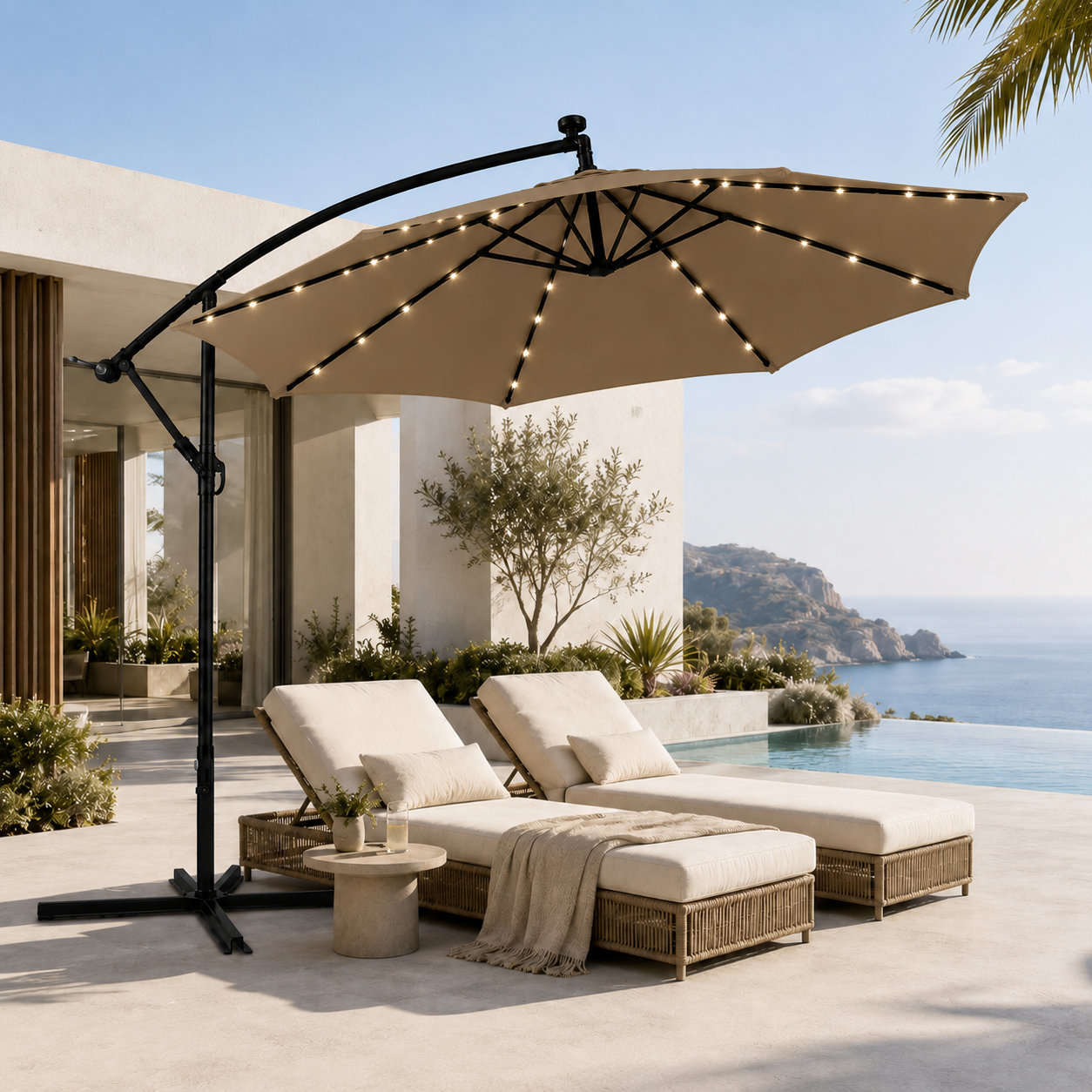 Ombrellone Laterale da Giardino 3 Metri Kaki con LED e Inclinazione a 360°