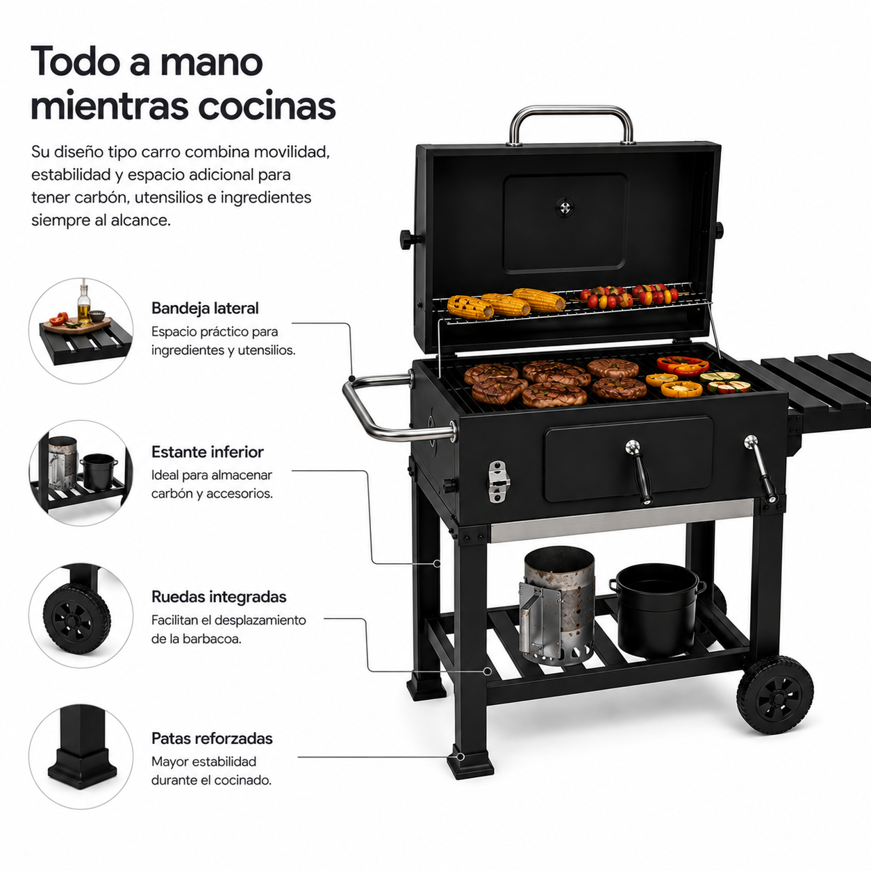 Barbecue au charbon avec couvercle et chariot auxiliaire