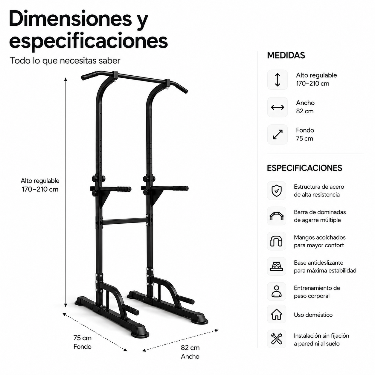 Multifunctioneel optrek- en dipstation, 170-210 cm