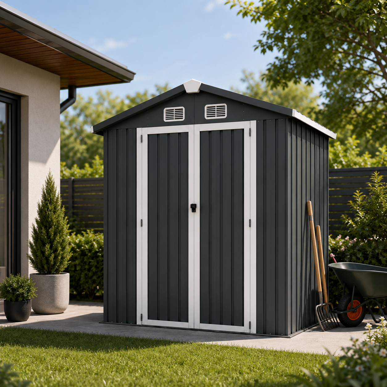 Caseta Metálica Exterior Puerta Doble Abatible Y Techo Inclinado 201,5 × 155,5 × 190 cm