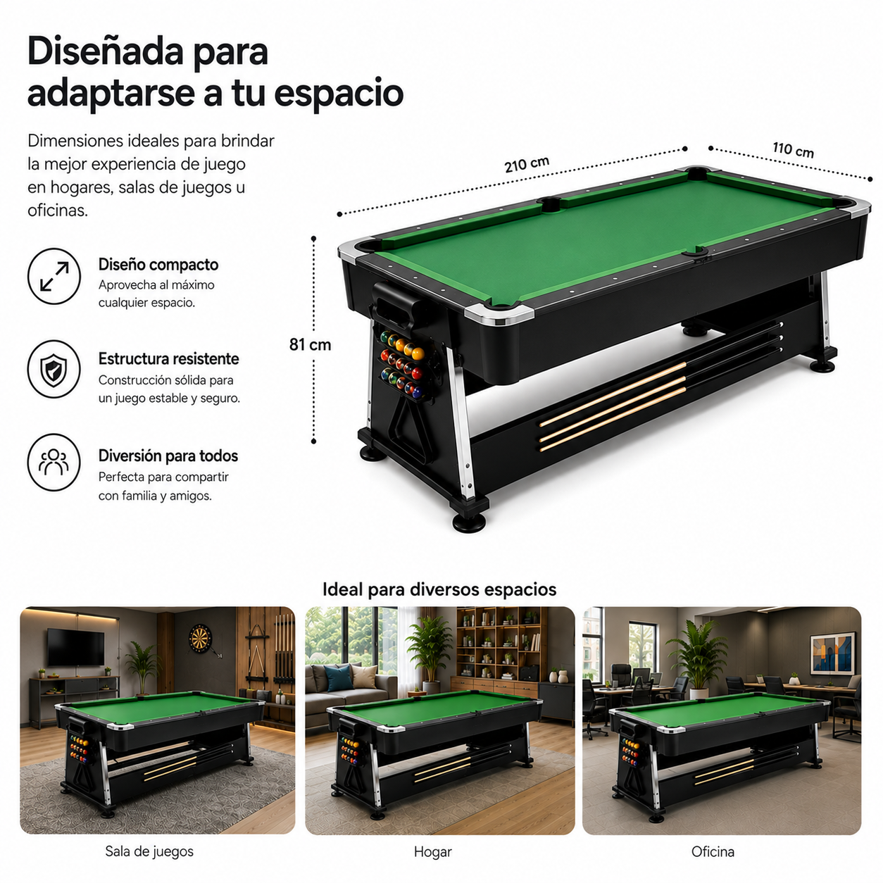 3-in-1-multispeltafel: pool en pingpong, 210 cm