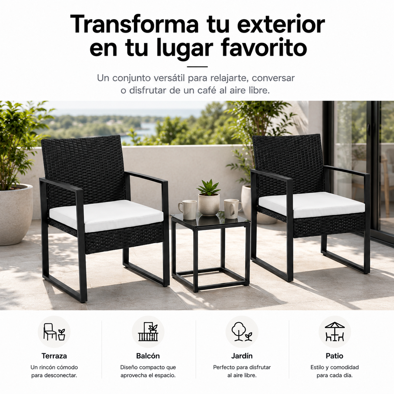 Set da Giardino Esterno in Rattan PE 3 Pezzi con Cuscini Imbottiti