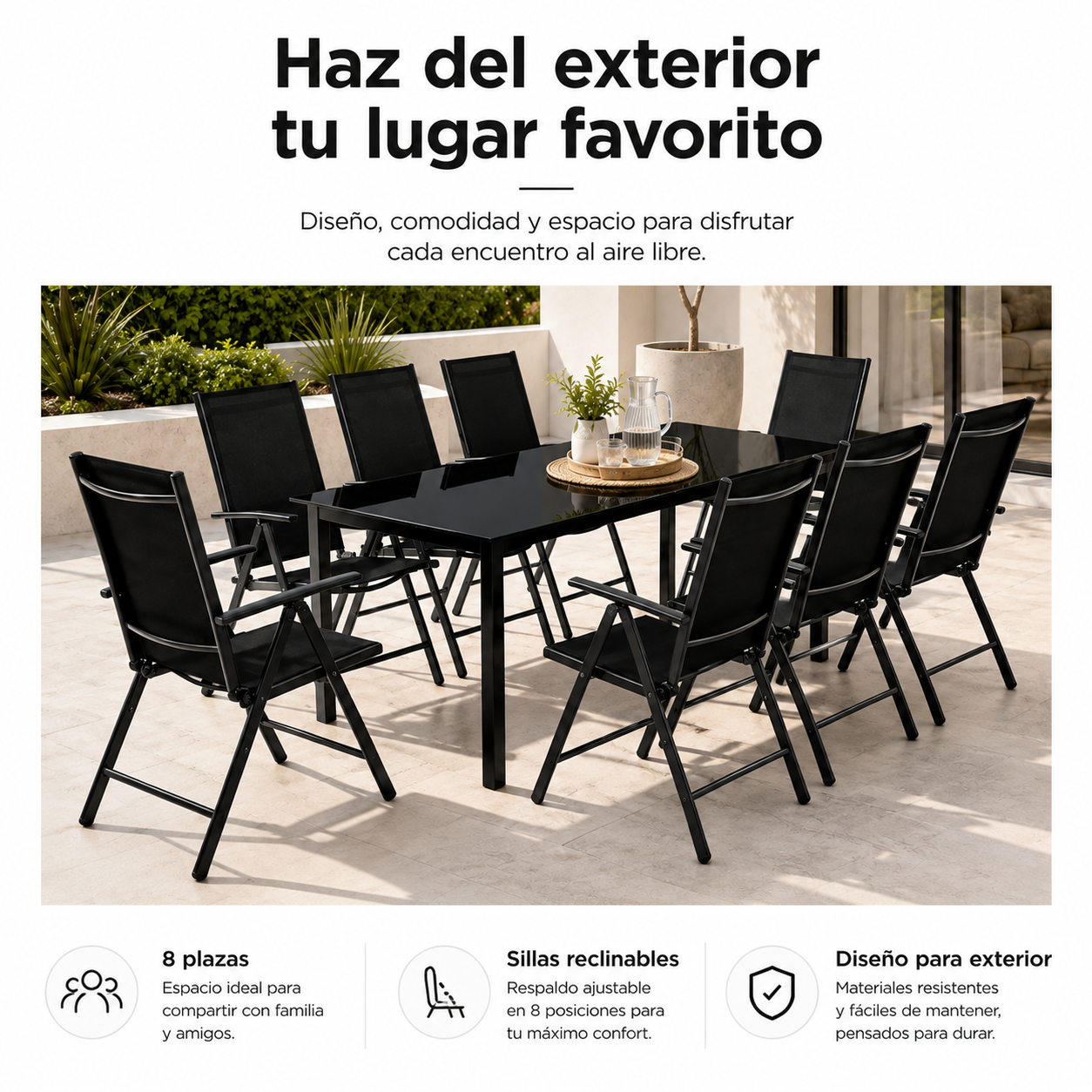 Set da Giardino in Alluminio Rivestito 9 Pezzi Tavolo in Vetro