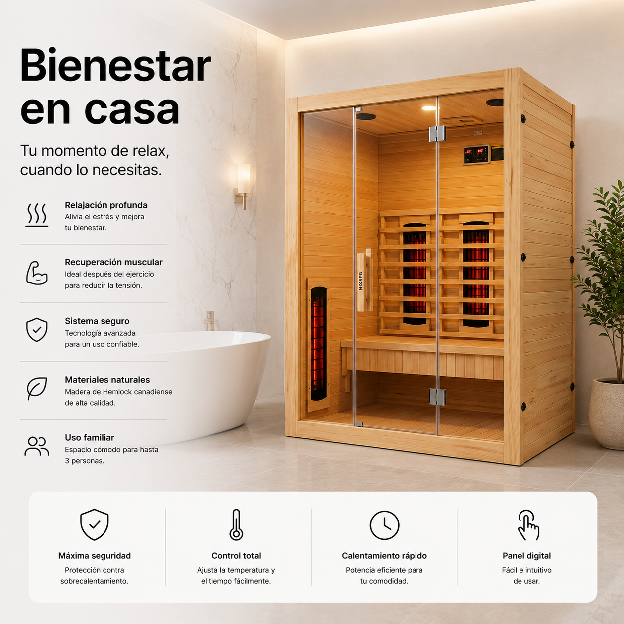 Infraroodsauna voor thuis voor 3 personen met 6 panelen, Bluetooth en panoramadeur