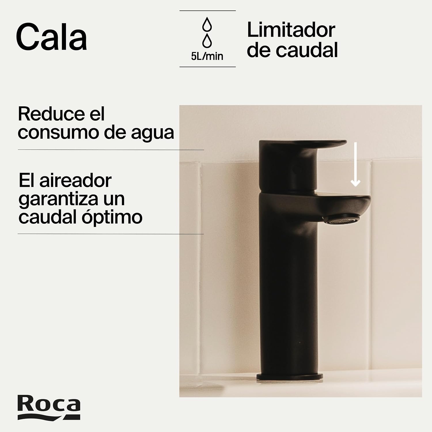 Roca - Mezclador monomando para lavabo con cuerpo liso Negro Mate Cala A5A326ENB0