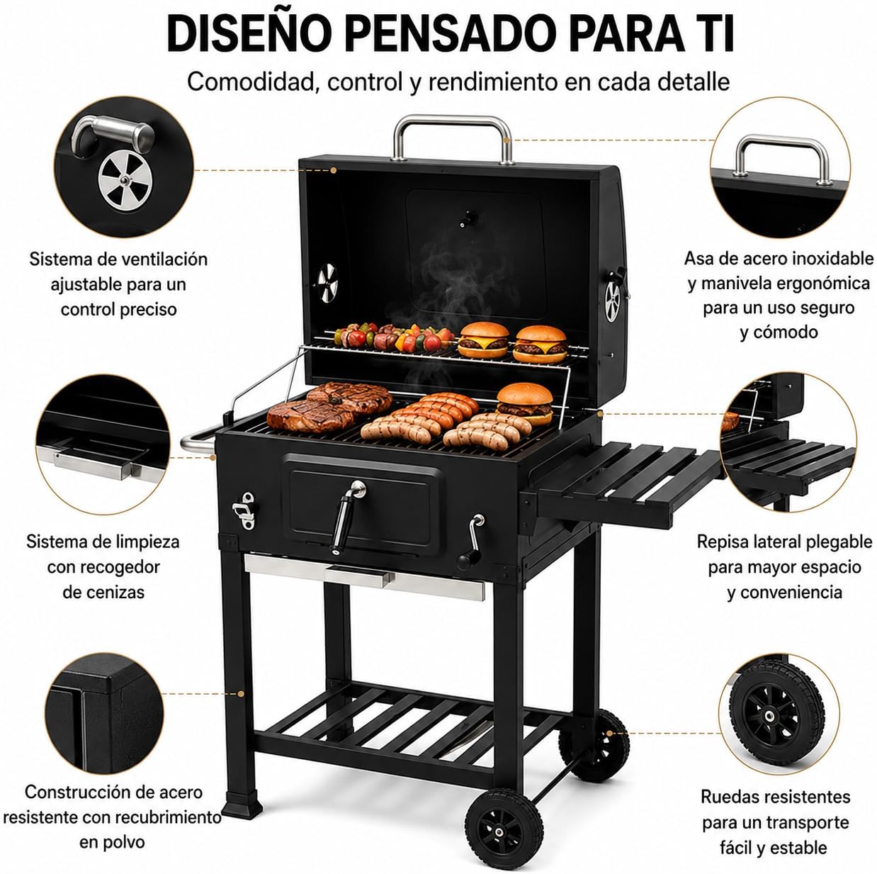 Barbacoa de Carbón Con Tapa y Carro Auxiliar