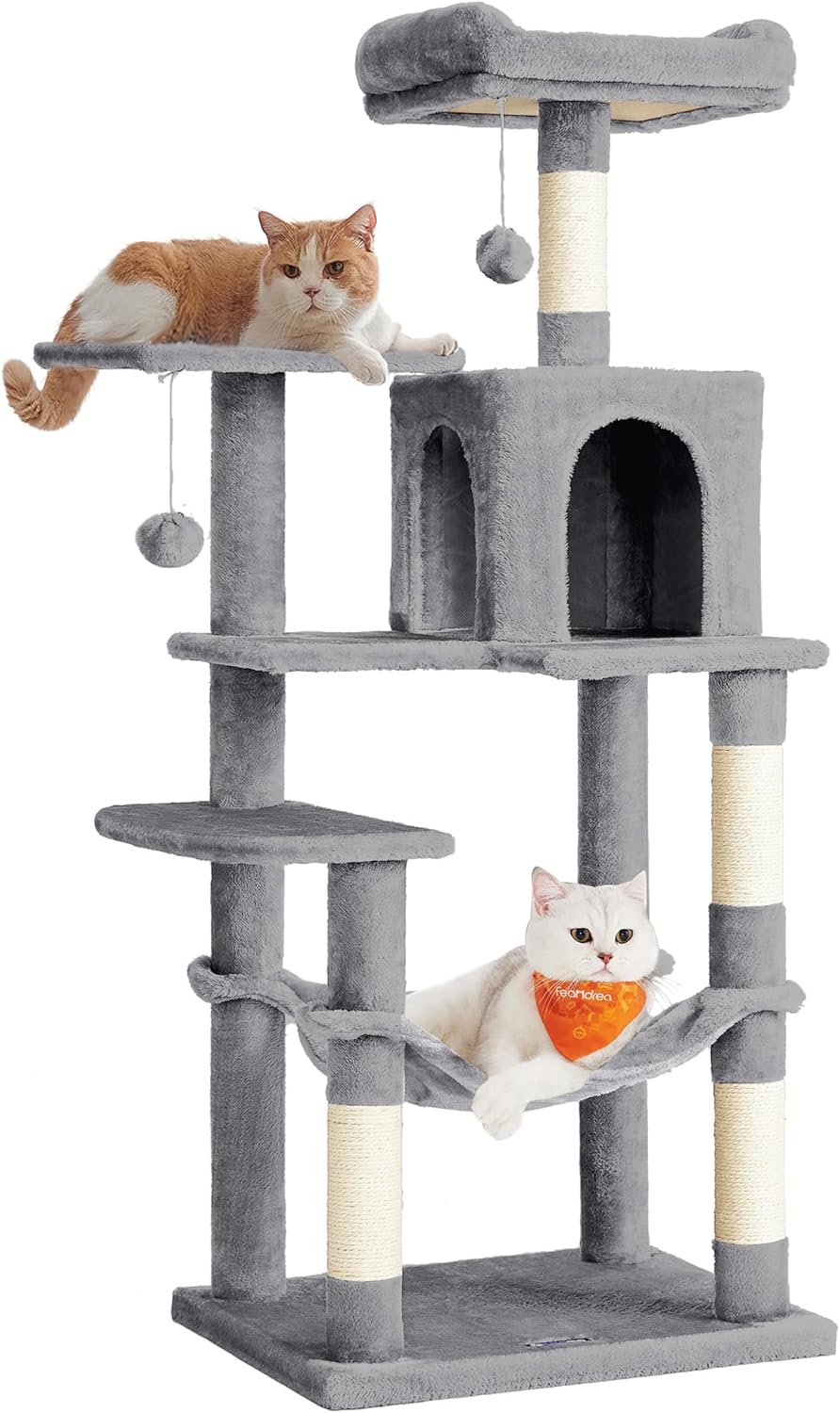 Albero tiragraffi per gatti alto 143 cm con amaca, piattaforme, tana e pali in sisal colore grigio chiaro