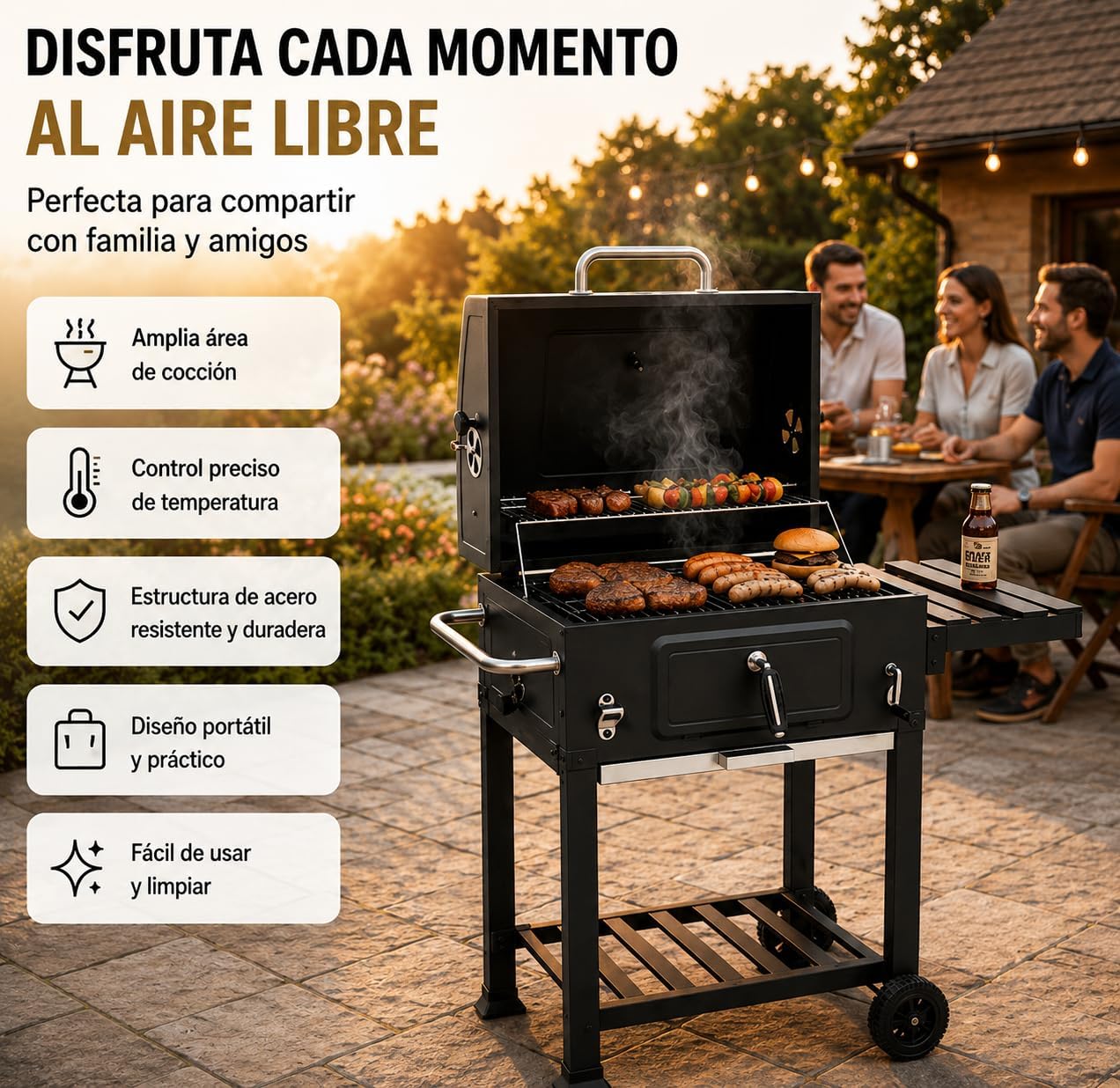 Barbacoa de Carbón Con Tapa y Carro Auxiliar