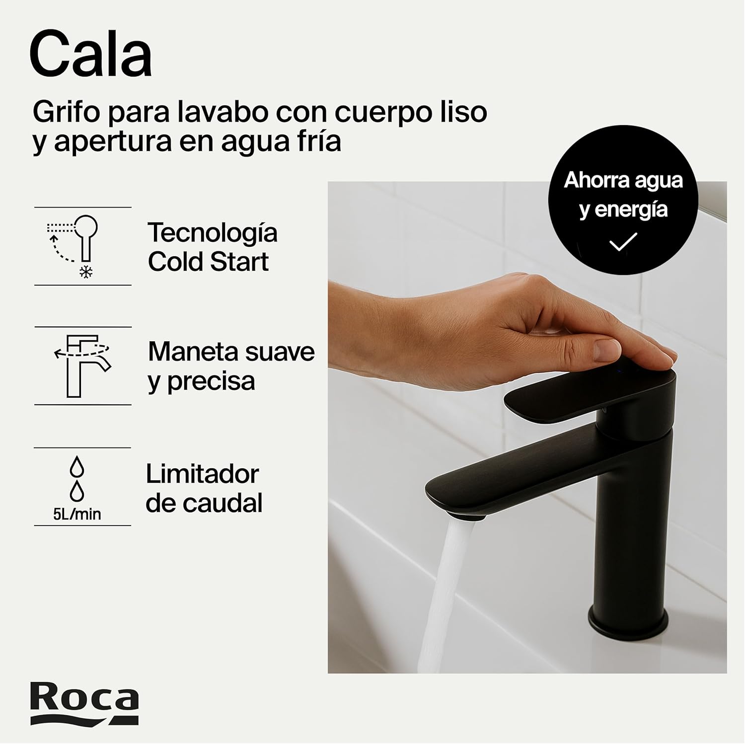 Roca - Mezclador monomando para lavabo con cuerpo liso Negro Mate Cala A5A326ENB0