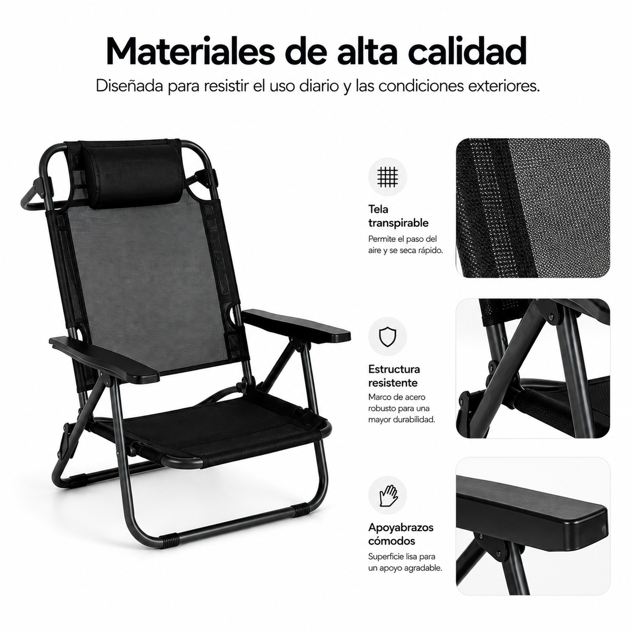 Set van 4 lage inklapbare stoelen voor strand en camping met gewatteerde hoofdsteun