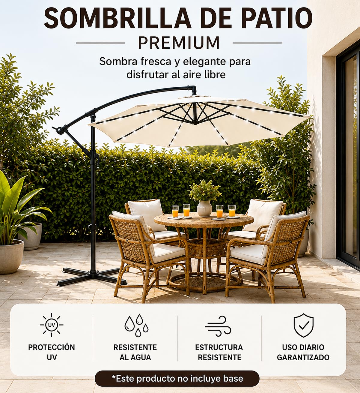 Seitlicher Garten-Sonnenschirm mit LED-Lichtern, 360° Neigung, Kurbel und UV-Sonnenschutz, beige, ohne Basis