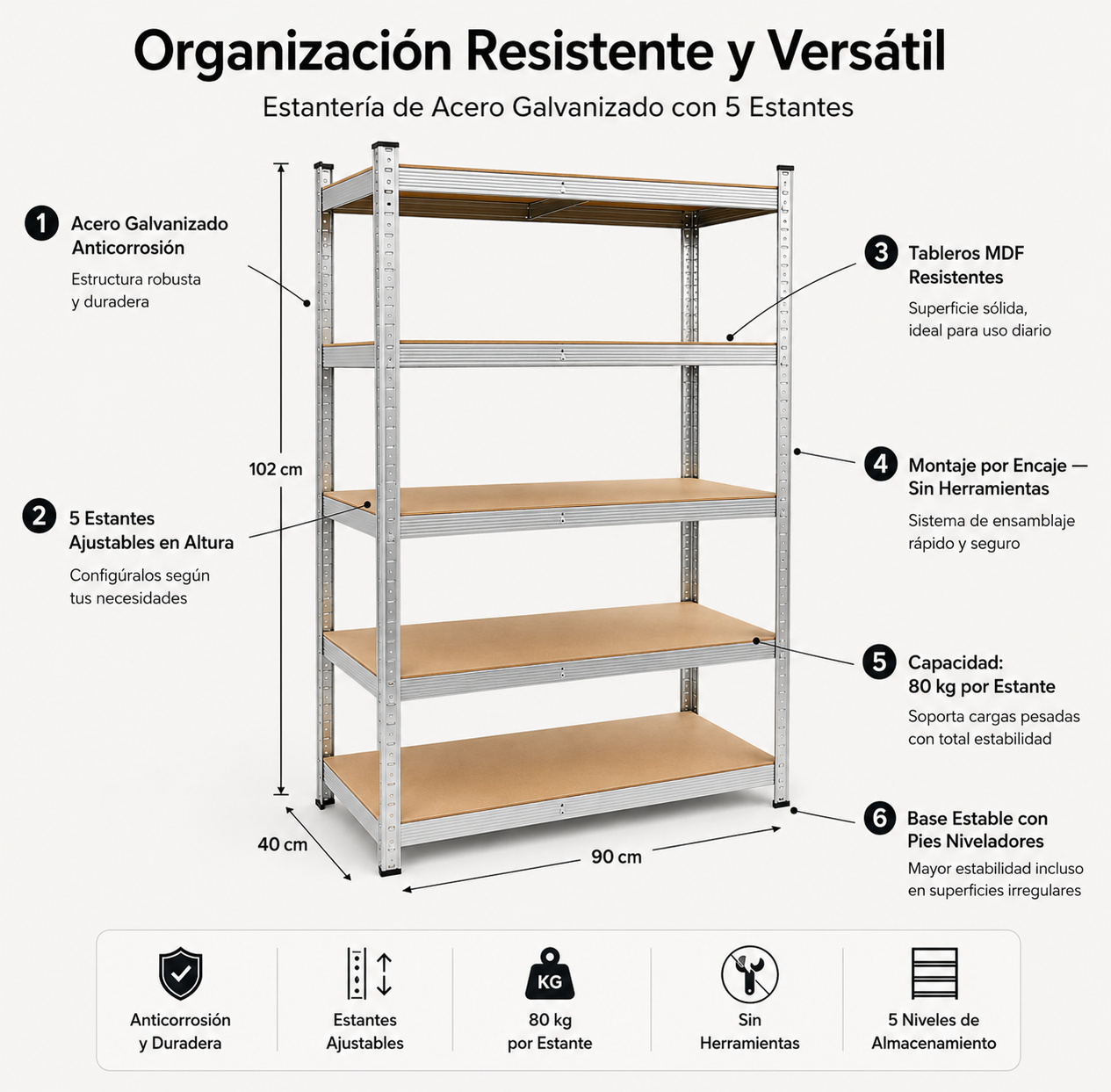 Estantería Metálica Galvanizada 180x90x40 cm 5 Baldas Reforzadas