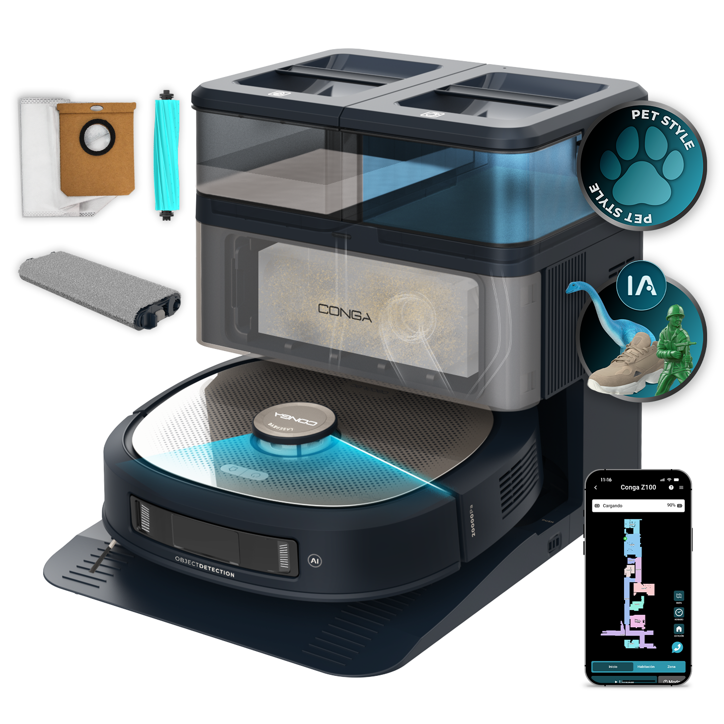 Cecotec Conga Z100 Robot Aspirador IA Con LaserEye Y AquaCycle Detección De Objetos Y Fregado Profesional