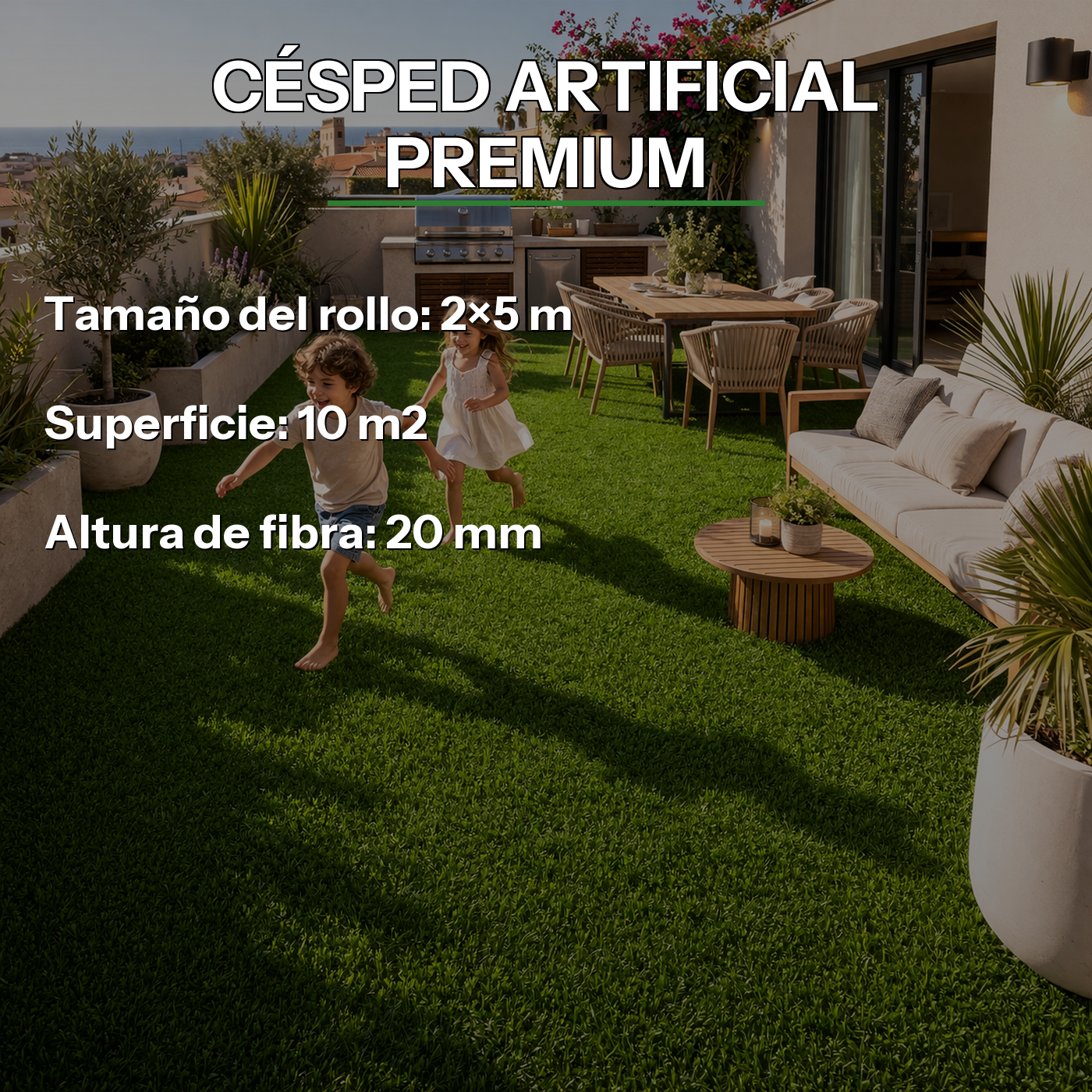 Lorvik - Rollo Césped Artificial 20 mm tamaño 2x5 m (10 m²)