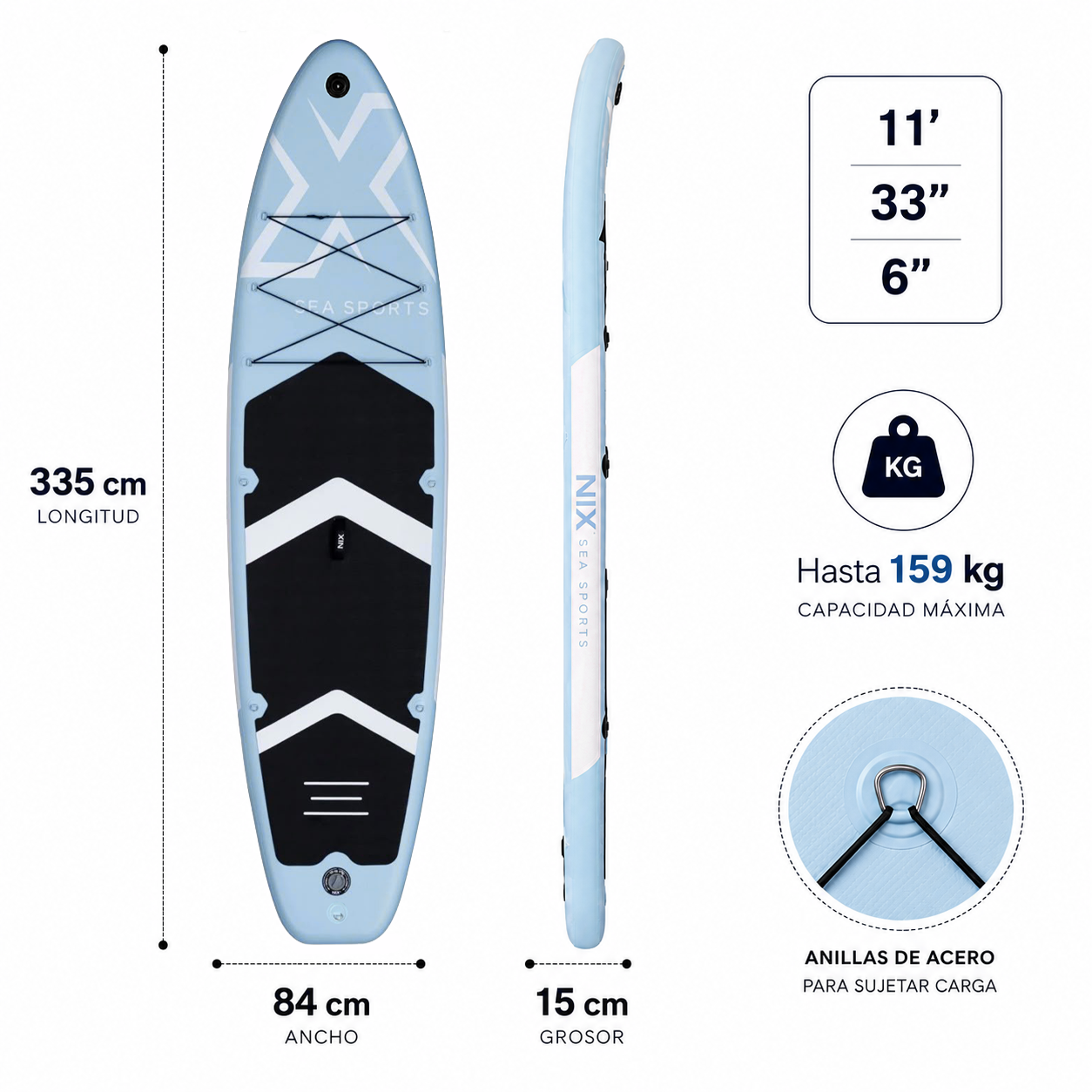 Tavola Paddle Surf Gonfiabile 11" 335x84x15 cm 159 kg blu con accessori