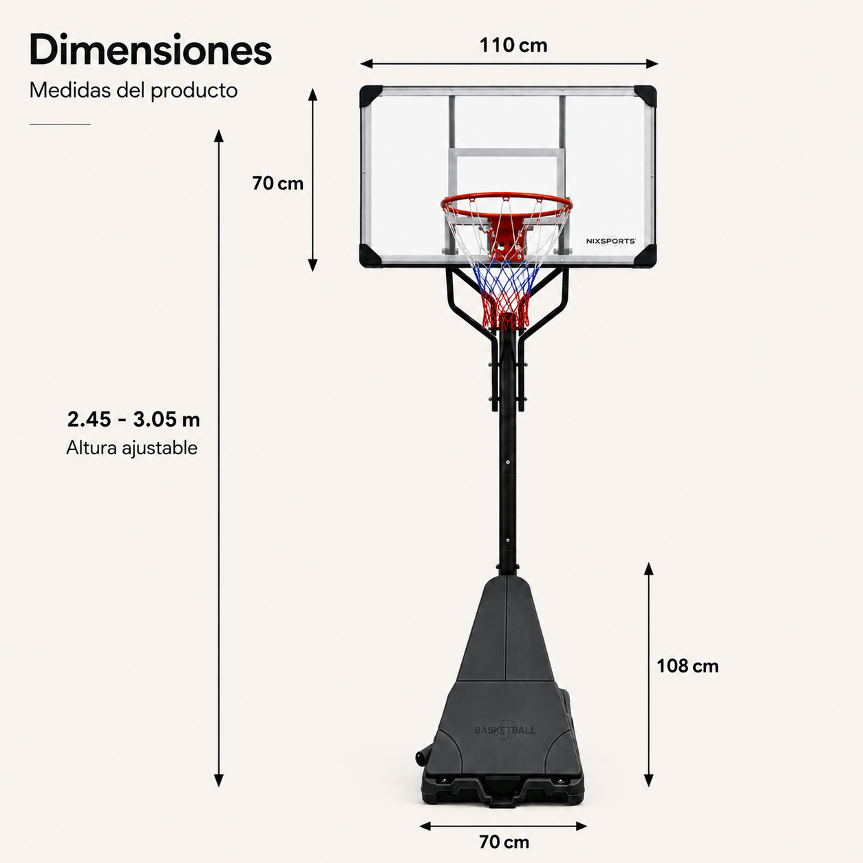 Panier de basket portable avec hauteur réglable 2,45-3,05 m