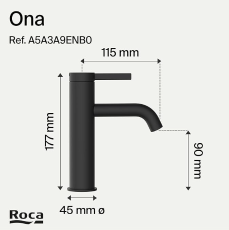 Roca - Mezclador monomando para lavabo con desagüe click-clack y cuerpo liso Ona, Negro Mate A5A3A9ENB0
