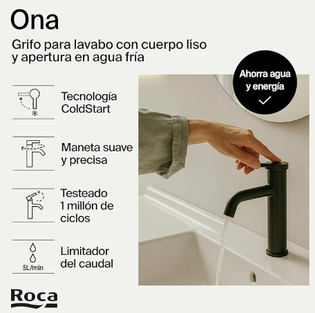 Roca - Mezclador monomando para lavabo con desagüe click-clack y cuerpo liso Ona, Negro Mate A5A3A9ENB0