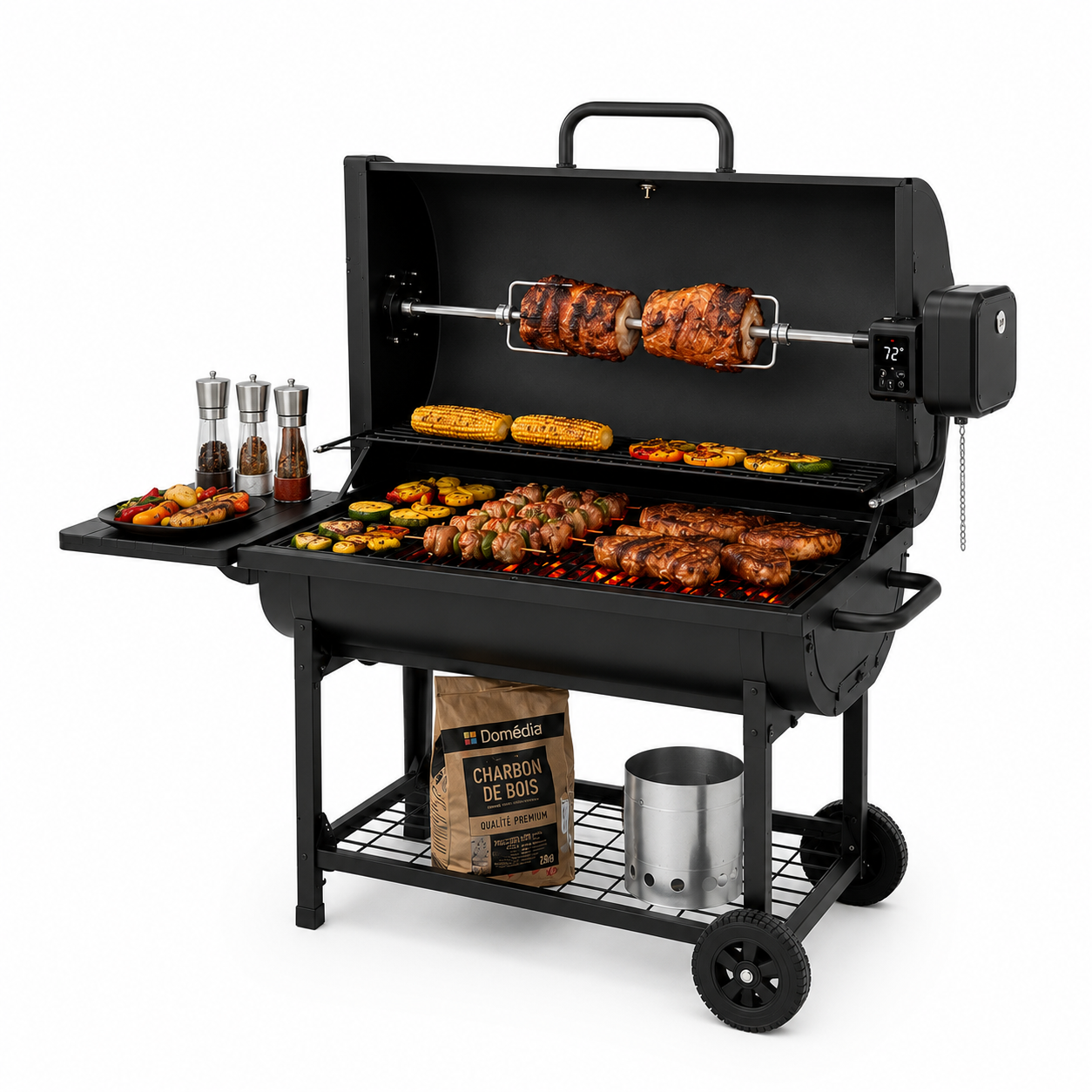 Pack Barbacoa de Carbón con Asador Motorizado 360° — Parrilla Grande con Motor de Alto Torque, Acero Inoxidable 304 y Accesorios Completos para Exterior