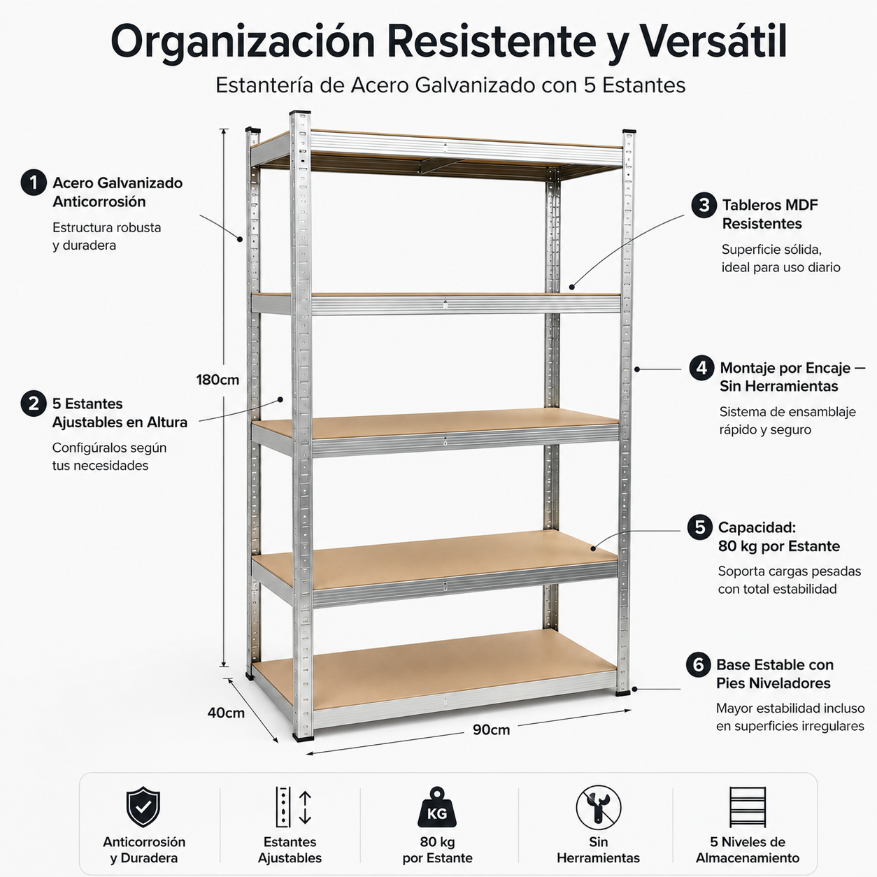 Pack de 2 estantes metálicas galvanizadas 180x90x40 cm com 5 prateleiras reforçadas