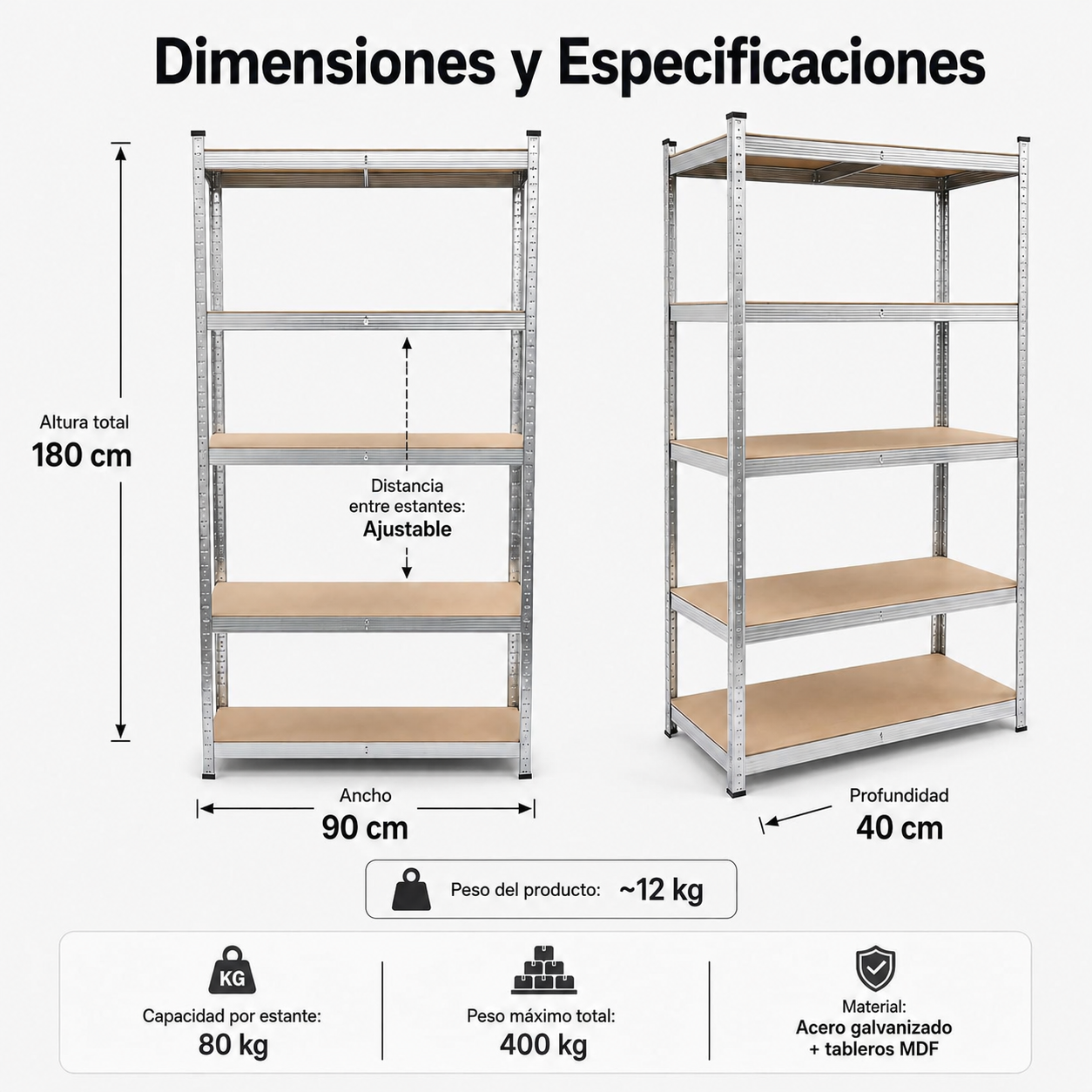 Pack de 2 estantes metálicas galvanizadas 180x90x40 cm com 5 prateleiras reforçadas