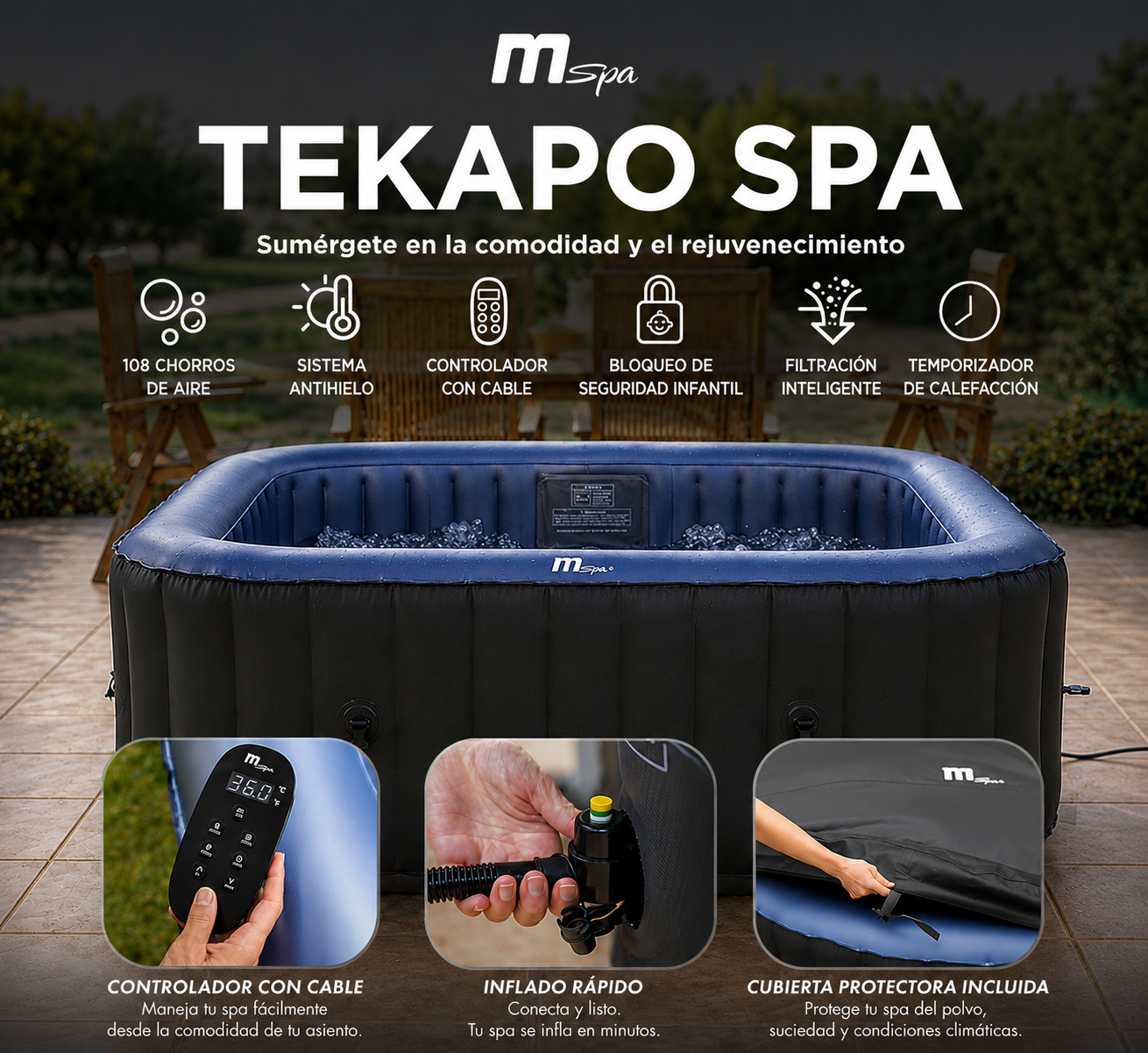 MSpa – Spa hinchable cuadrado Tekapo 4 personas