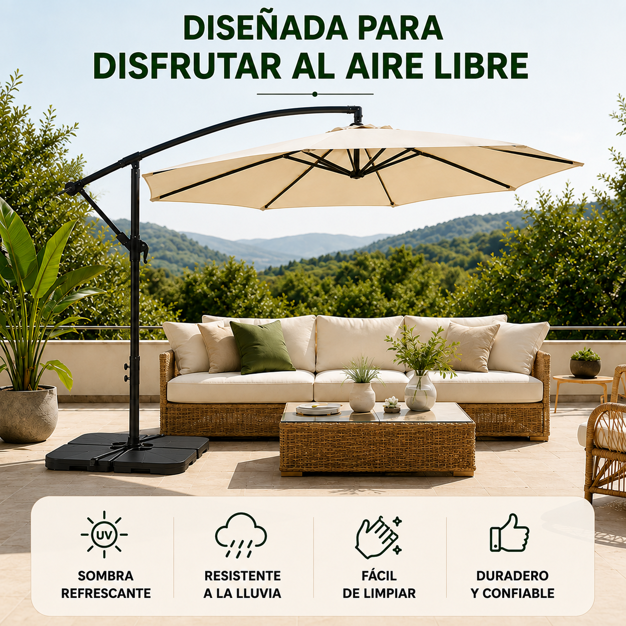 Pack Sombrilla Lateral 3m Beige + Base Modular Cuadrada