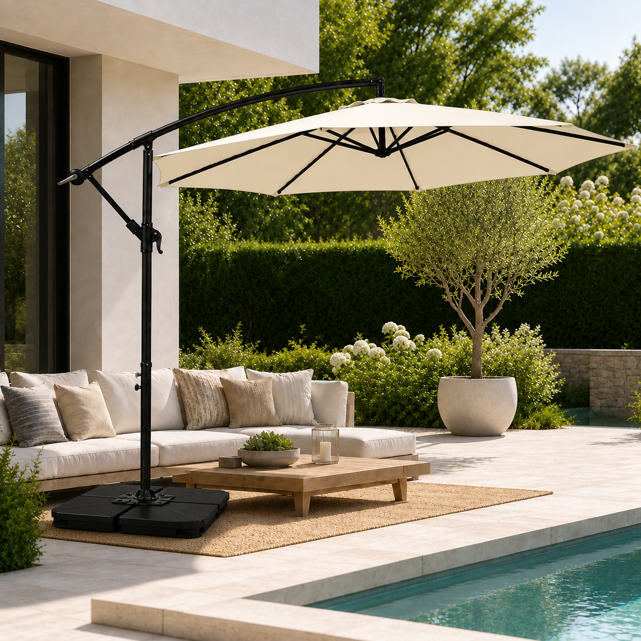 Pack Sombrilla Lateral 3m Beige + Base Modular Cuadrada