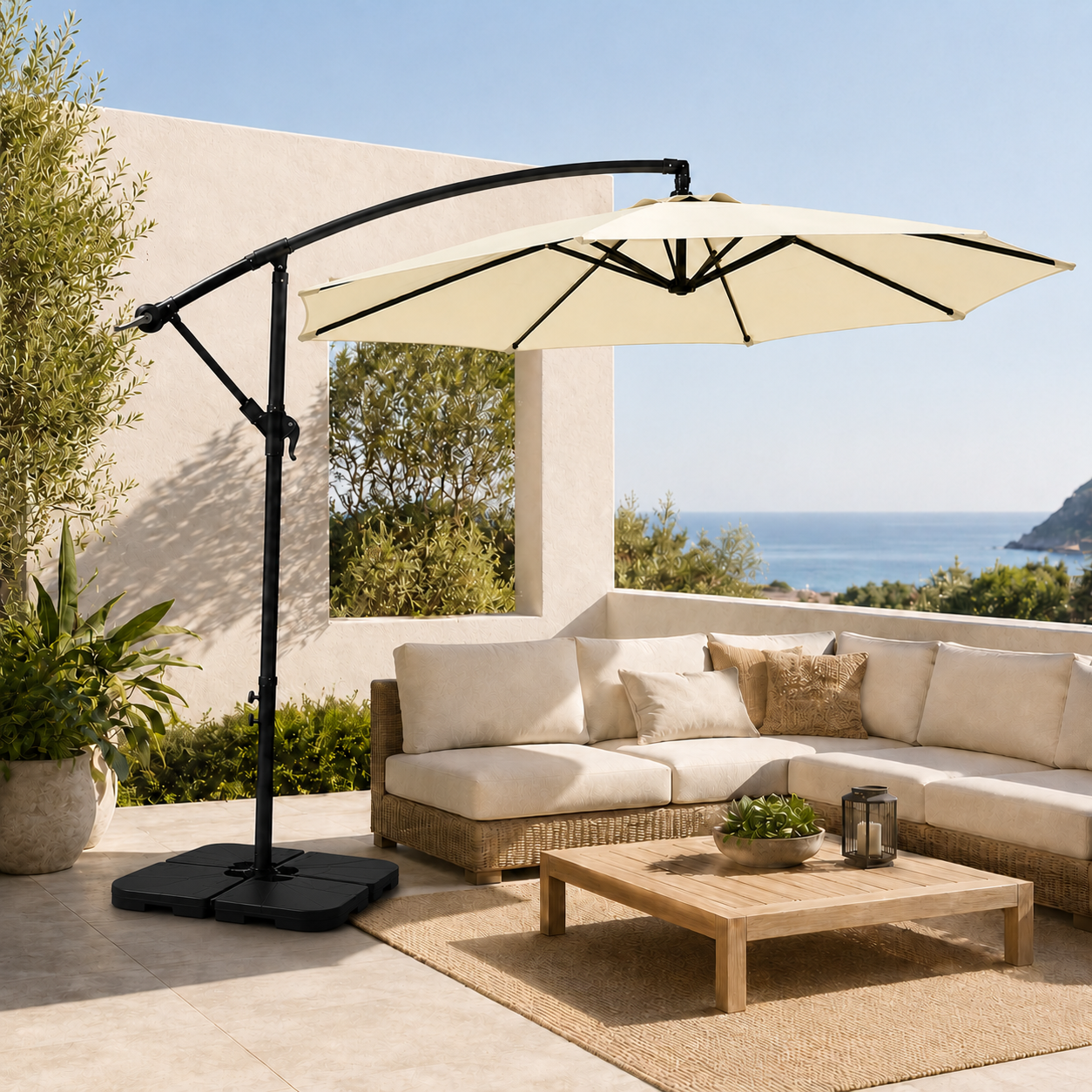 Pack Sombrilla Lateral 3m Beige + Base Modular Cuadrada