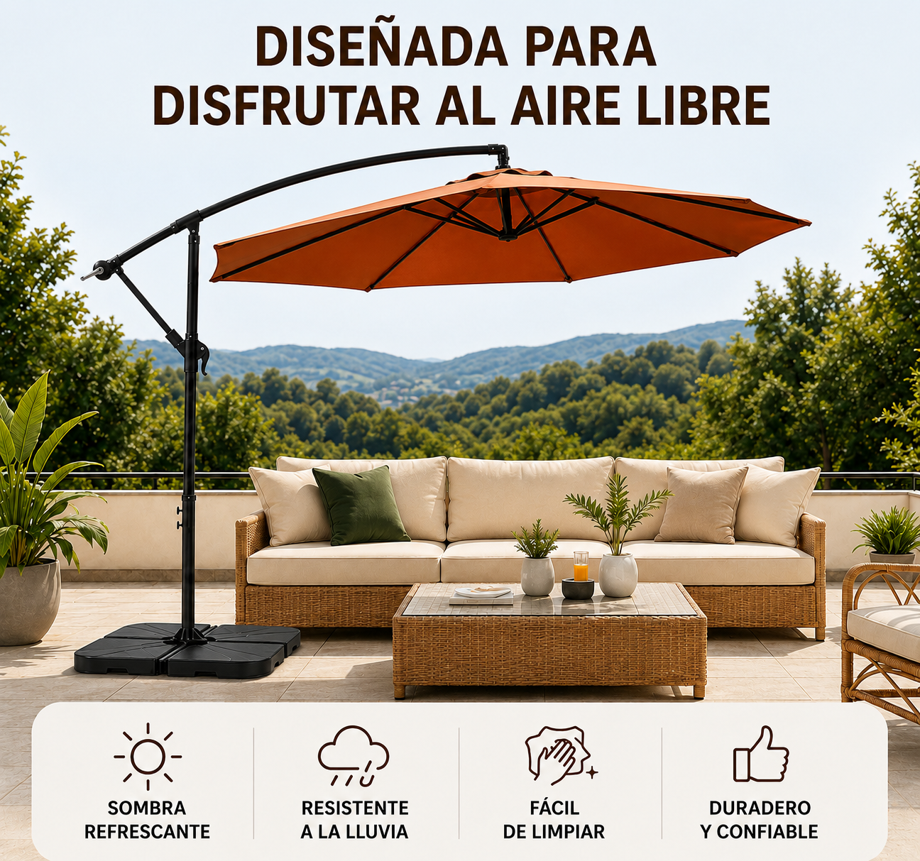 Pack Sombrilla Lateral 3m Kaki + Base Modular Cuadrada