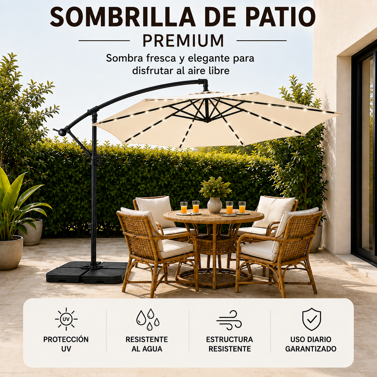 Pack Sombrilla Lateral 3m LED Beige + Base Modular Cuadrada