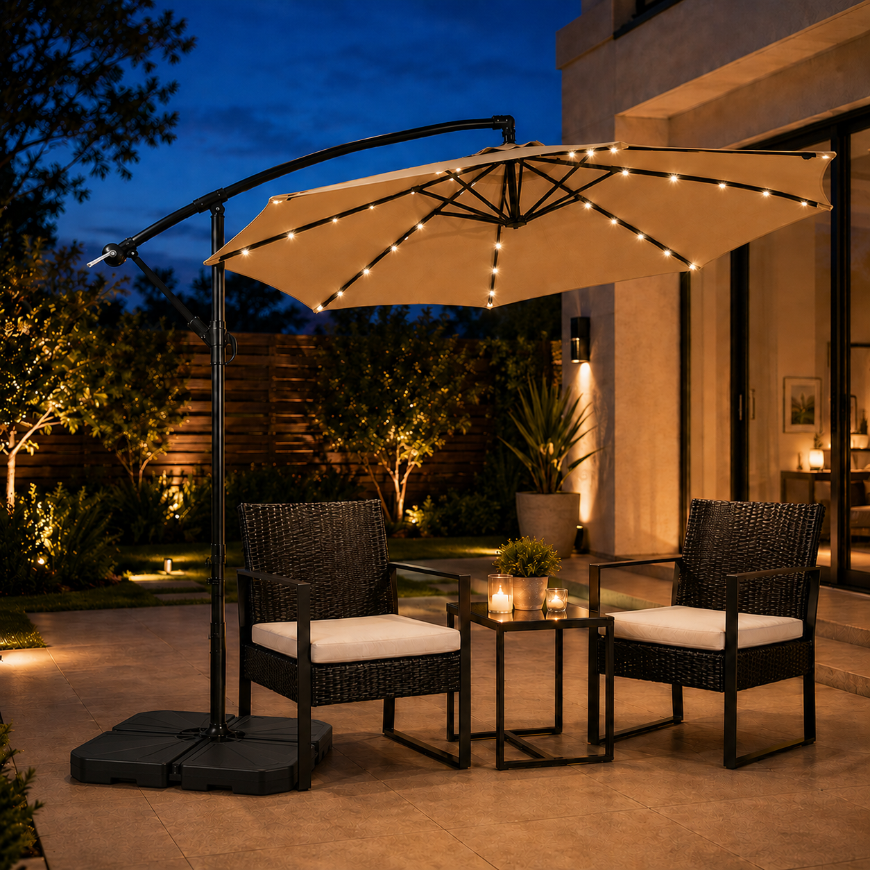 Pack Sombrilla Lateral 3m LED Beige + Base Modular Cuadrada