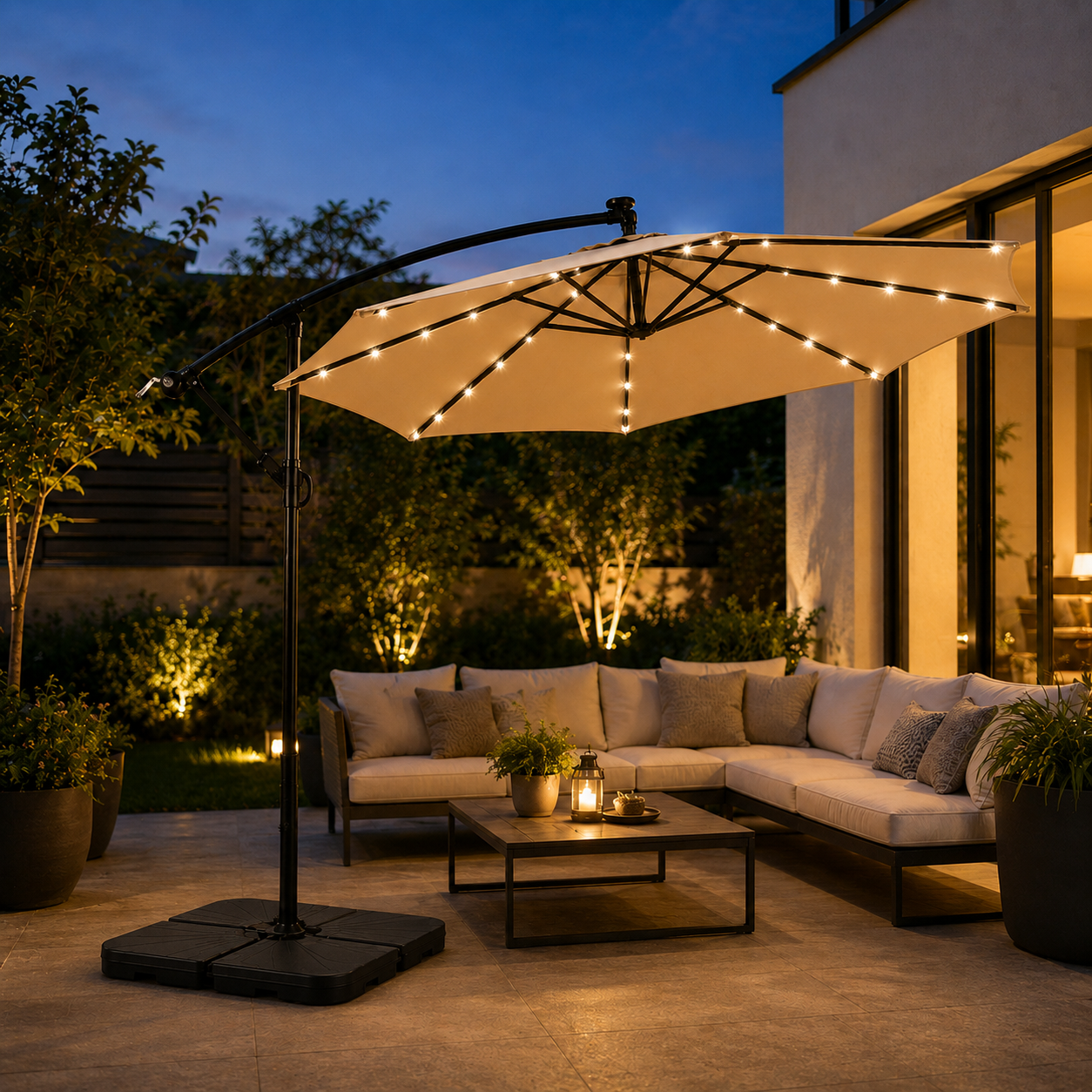Pack Sombrilla Lateral 3m LED Beige + Base Modular Cuadrada