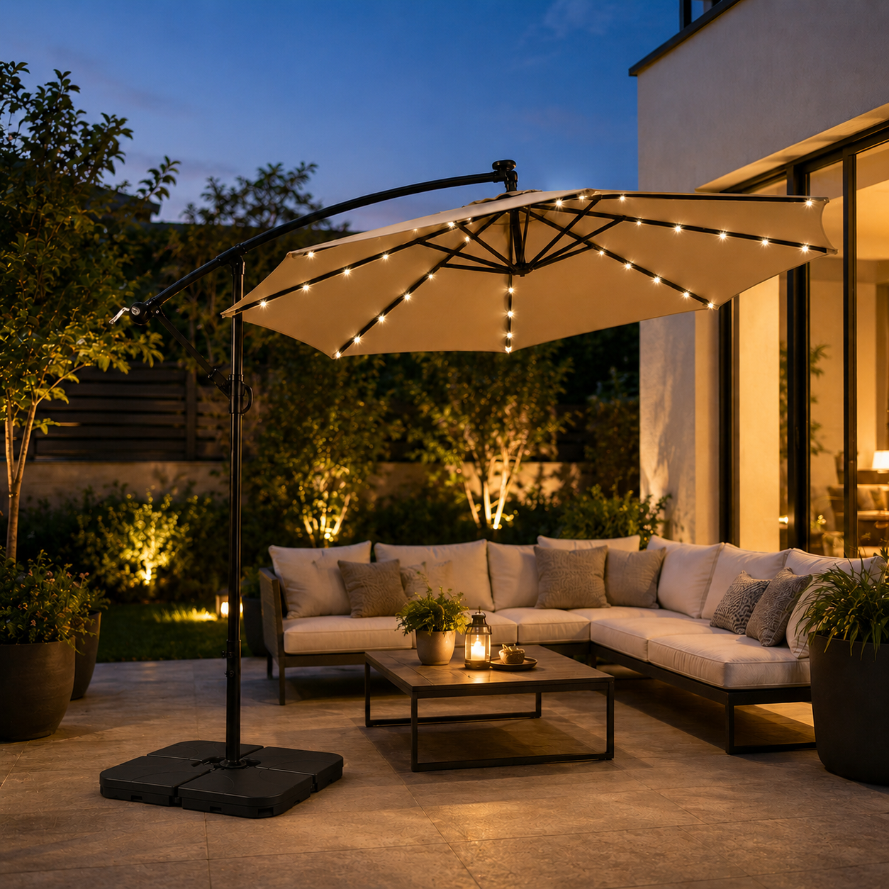 Pack Sombrilla Lateral 3m LED Kaki + Base Modular Cuadrada