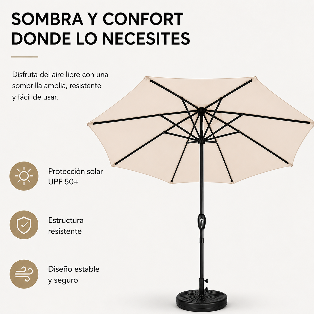 Pack Sombrilla Recta 3m Beige + Base Redonda Rellenable