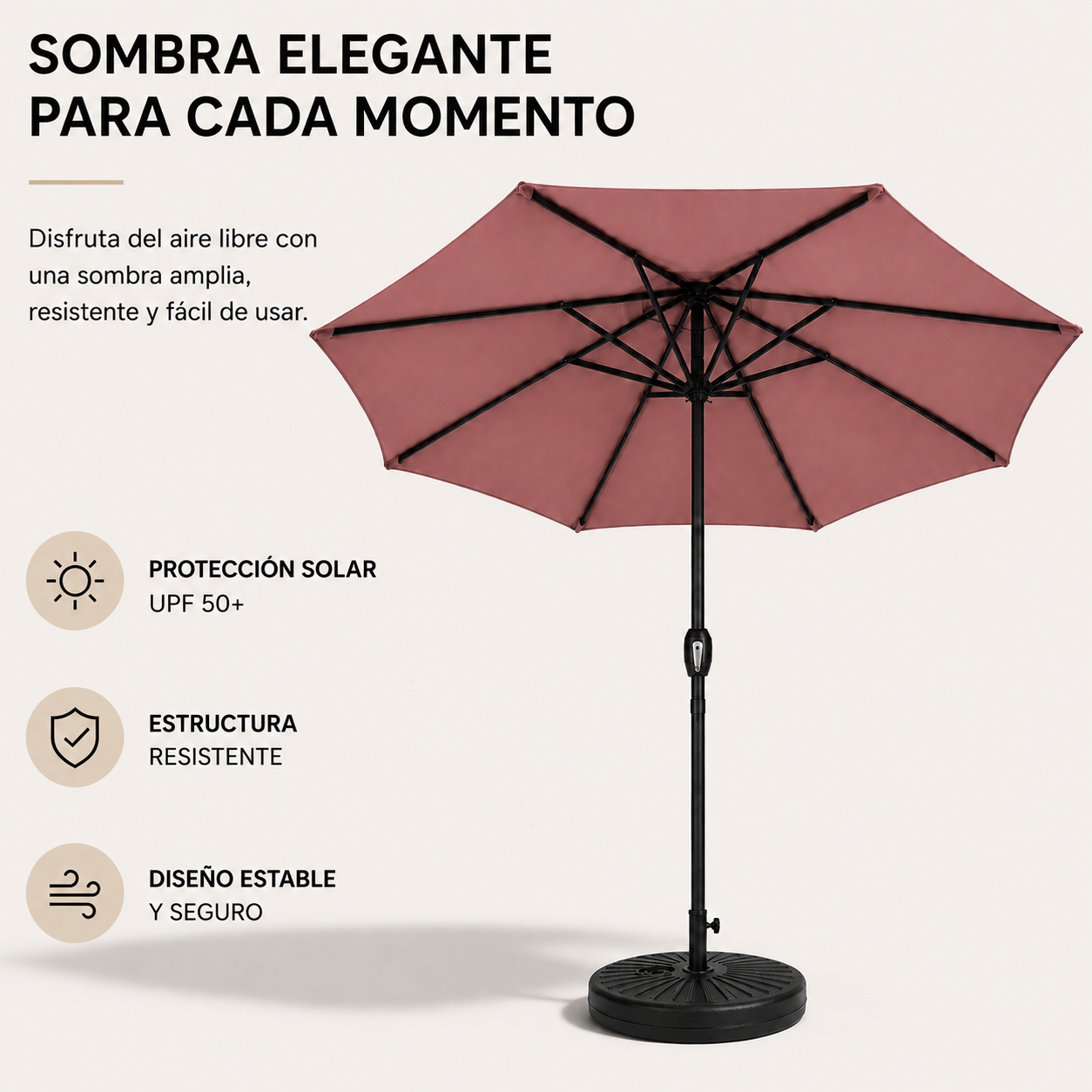 Pack Sombrilla Recta 3m Kaki + Base Redonda Rellenable