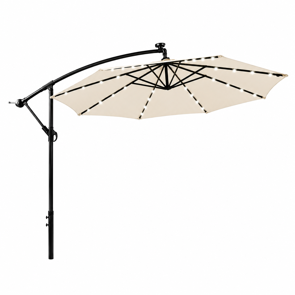 Seitlicher Garten-Sonnenschirm mit LED-Lichtern, 360° Neigung, Kurbel und UV-Sonnenschutz, beige, ohne Basis