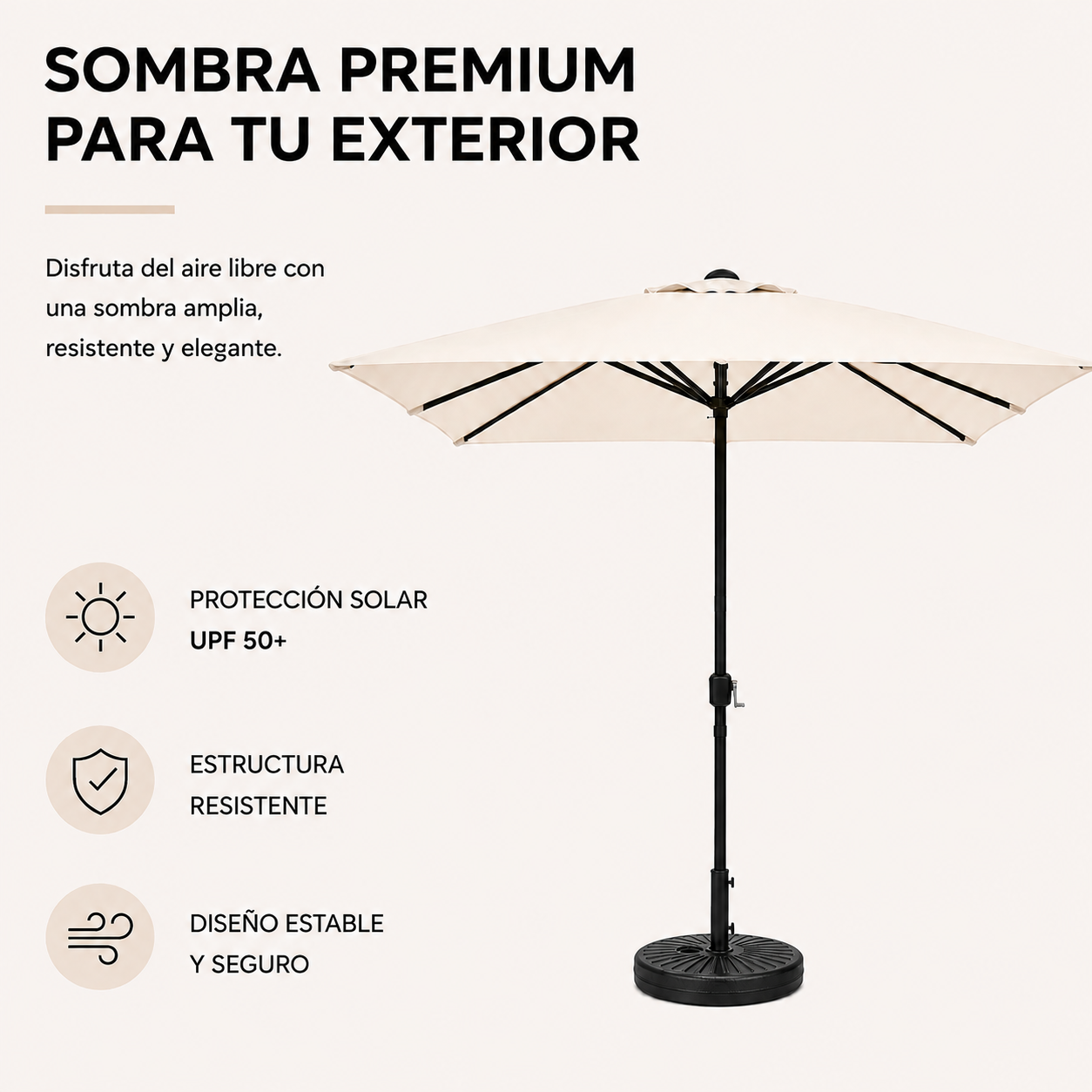 Pack Sombrilla Recta 3m UV Beige + Base Redonda Rellenable