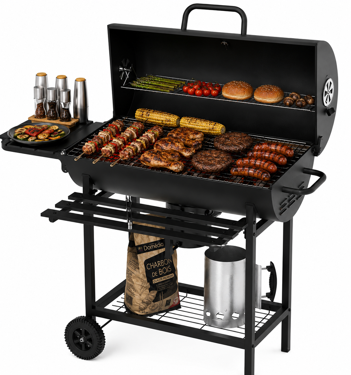 Barbecue au charbon avec couvercle et ventilation réglable pour jardin avec roues